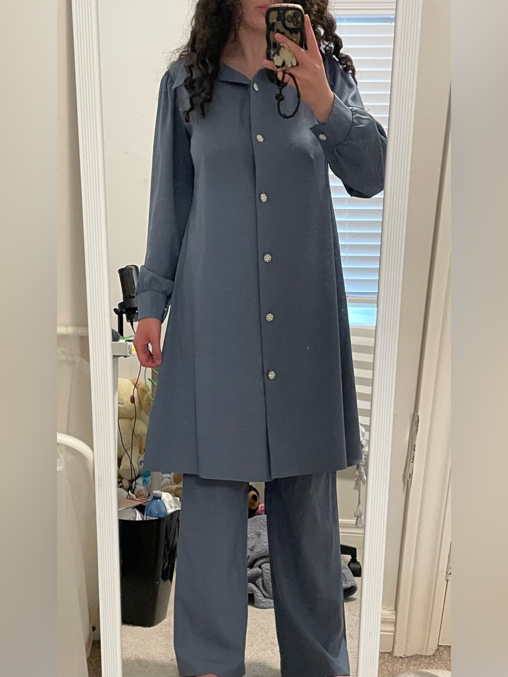 Blue Women's Two-Piece Long Button up & Wide-Leg Pants Set